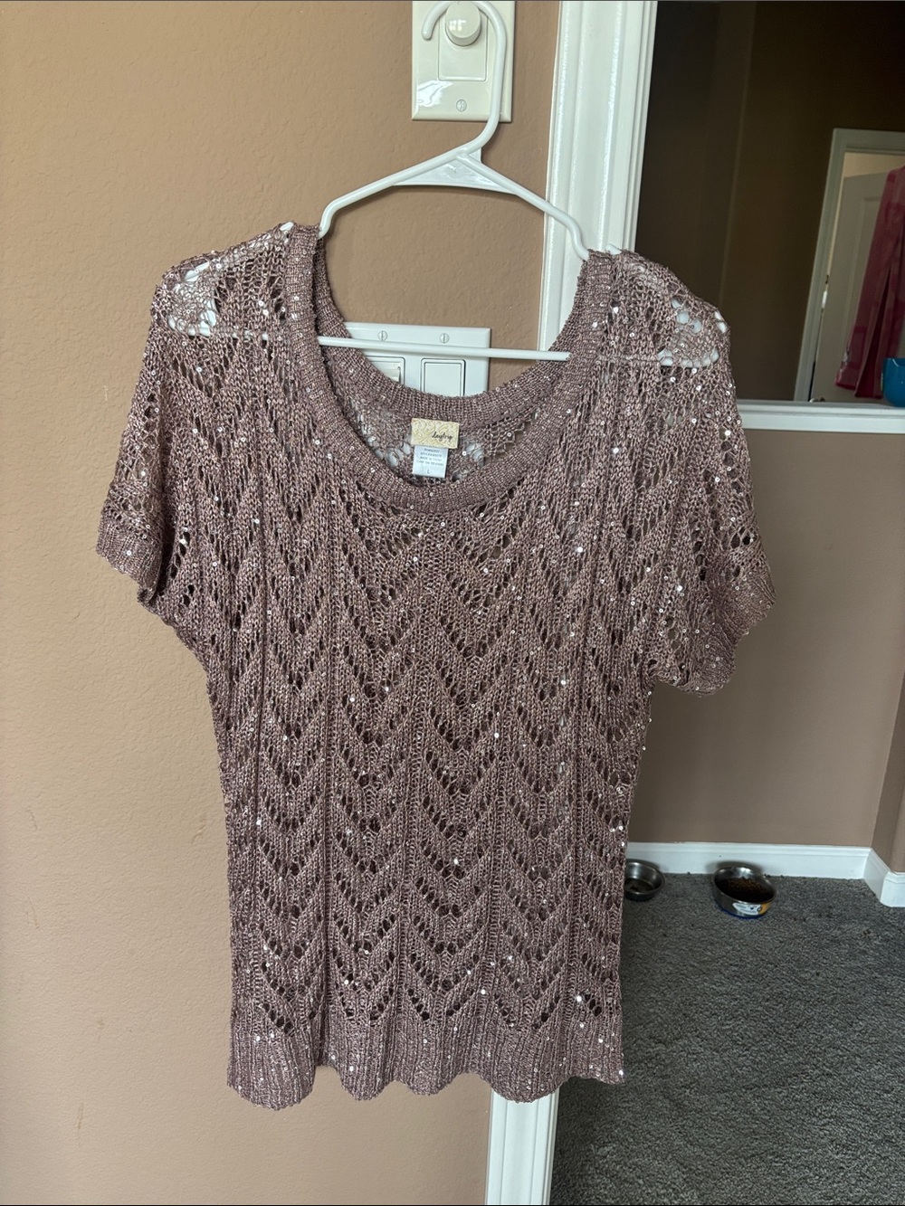 Short Sleeve Open Knit Sequin Top - Mauve Pink